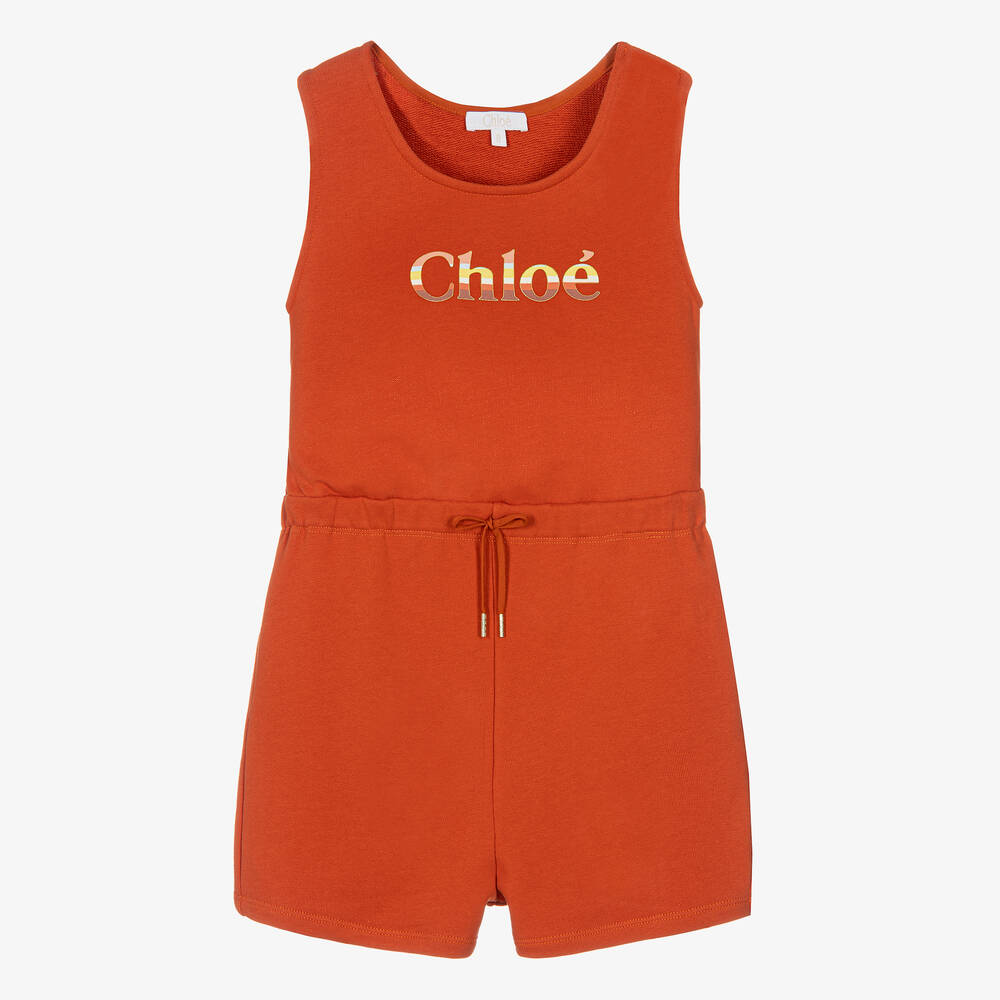 Chloé - Teen Girls Burnt Orange Logo Playsuit | Childrensalon