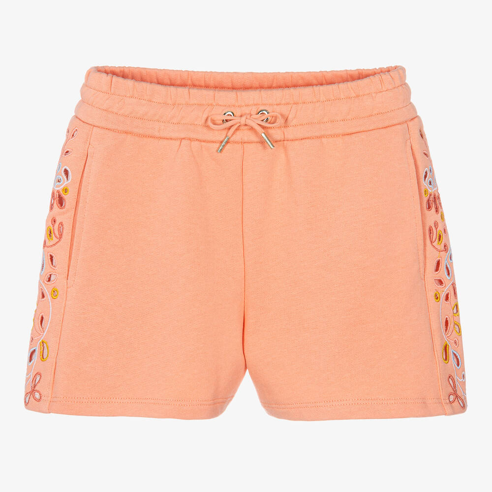 Chloé - Teen Girls Coral Orange Floral Shorts | Childrensalon