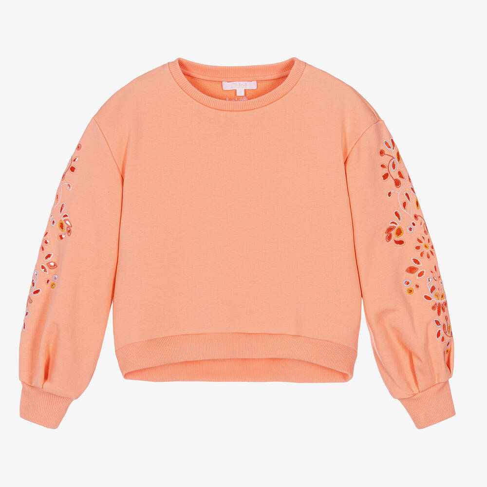 Chloé - Sweat orange corail à fleurs ado | Childrensalon