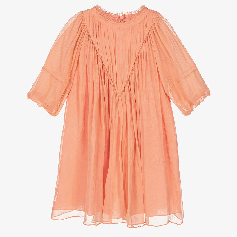 Chloé - Кораллово-розовое платье из шелка и шифона | Childrensalon