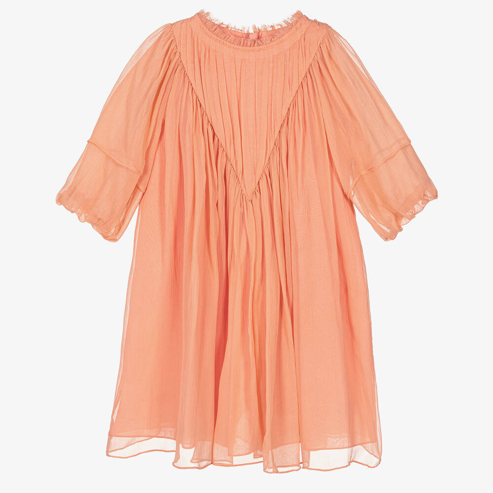 Chloé - Robe corail en mousseline de soie | Childrensalon