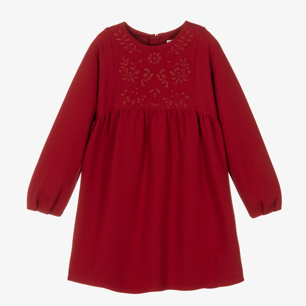 Chloé - فستان مودال وقطن جيرسي مطرز لون أحمر داكن | Childrensalon