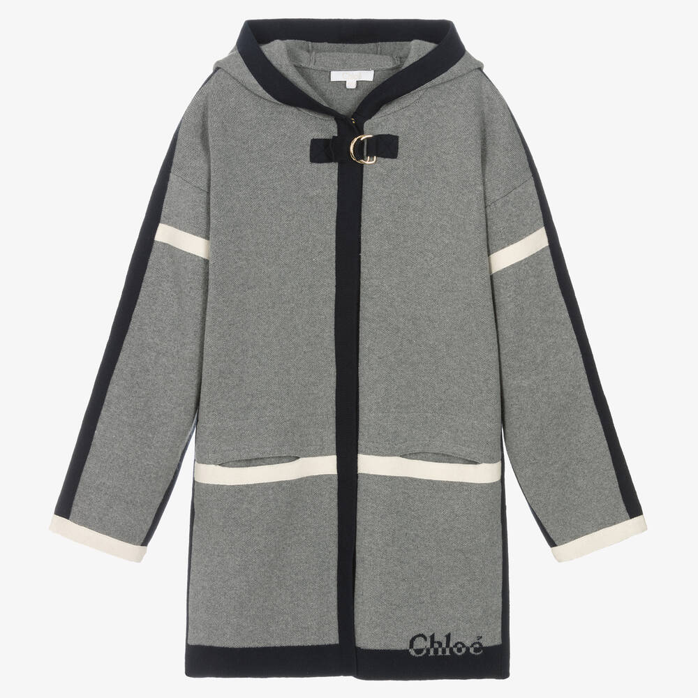 Chloé - معطف قطن عضوي وصوف محبوك لون رمادي تينز بناتي | Childrensalon