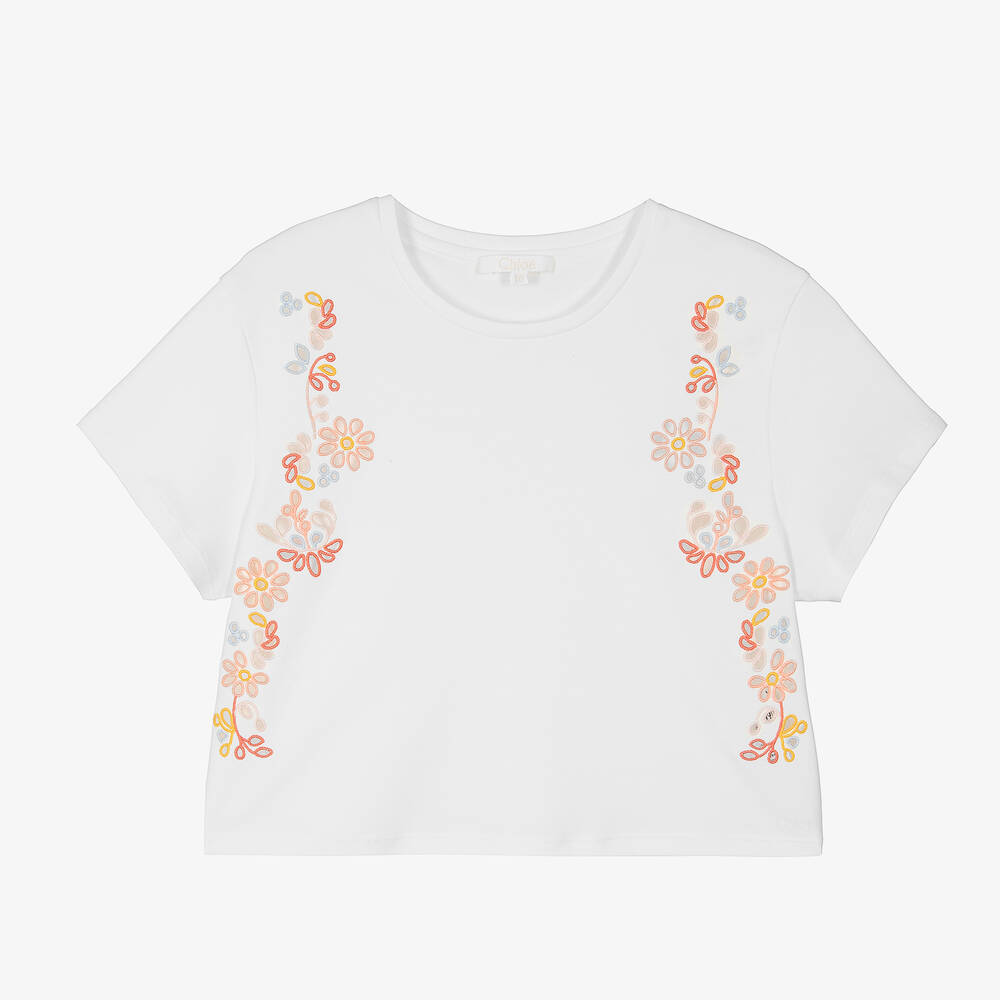 Chloé - Baumwoll-Blumen-T-Shirt elfenbein | Childrensalon