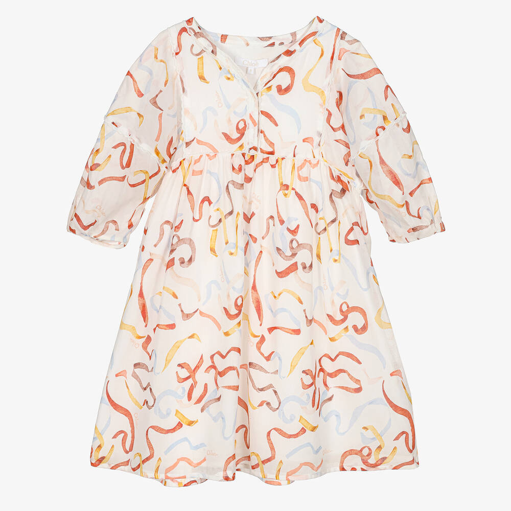 Chloé - Robe ivoire en coton à rubans fille | Childrensalon