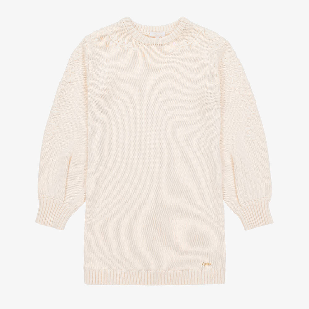 Chloé-فستان مزيج قطن وصوف محبوك لون عاجي تينز بناتي | Childrensalon Outlet