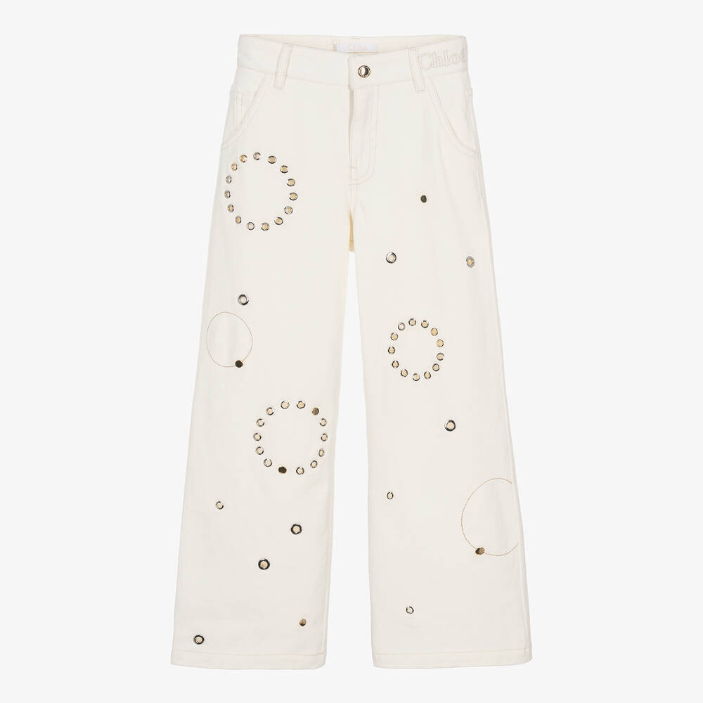 Chloé-Teen Girls Ivory Denim Eyelet Jeans | Childrensalon Outlet
