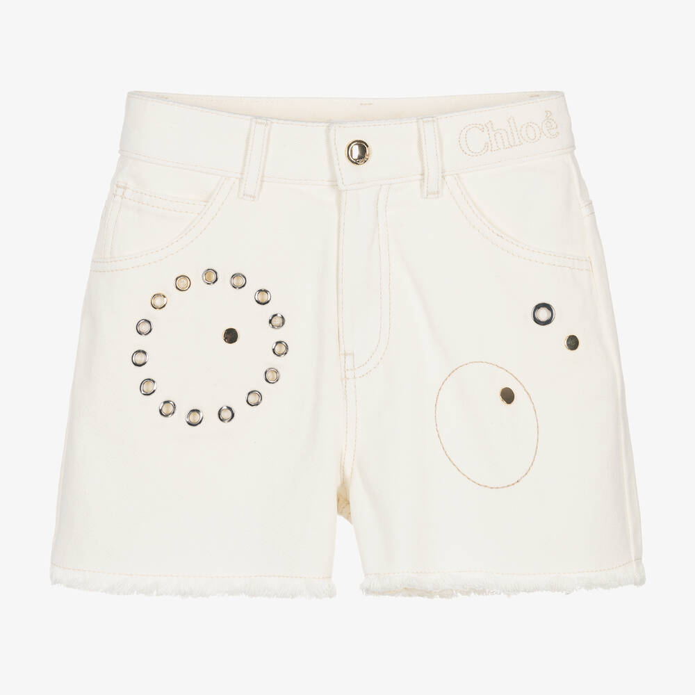 Chloé-Teen Girls Ivory Denim Eyelet Shorts | Childrensalon Outlet