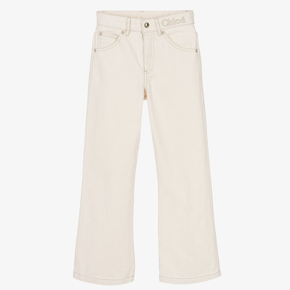 Chloé - Teen Girls Ivory Denim Wide Leg Jeans | Childrensalon