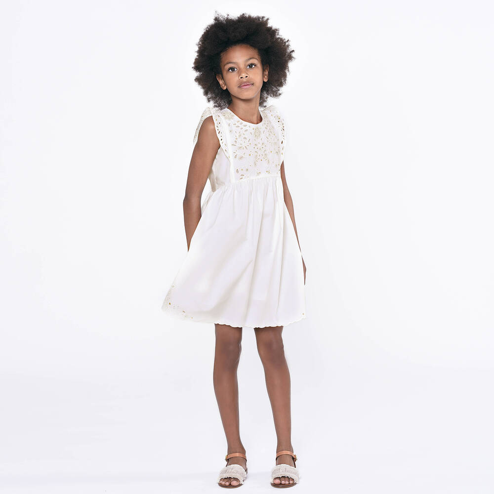 Chloé-Кремовое хлопковое платье с вышивкой | Childrensalon Outlet
