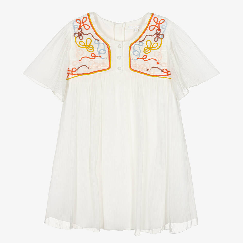 Chloé - Robe mousseline soie ivoire rubans | Childrensalon