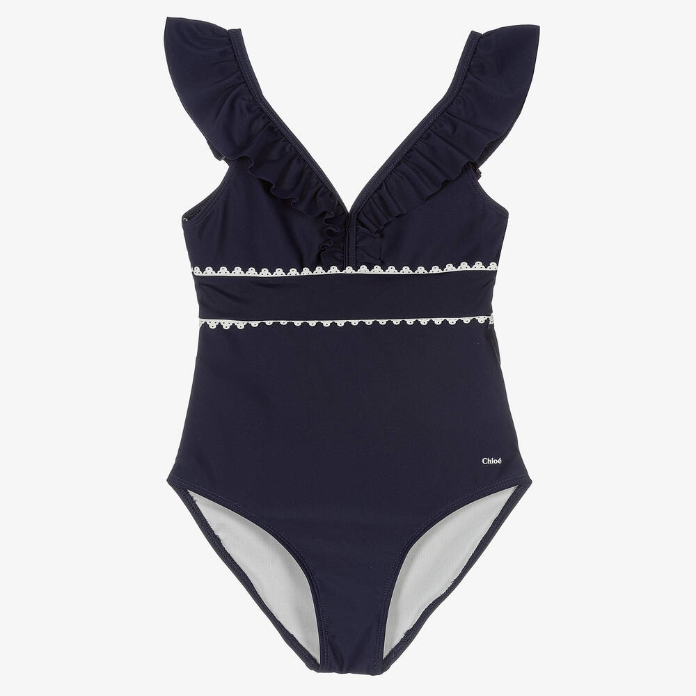 Chloé - Teen Girls Navy Blue Ruffled Swimsuit | Childrensalon
