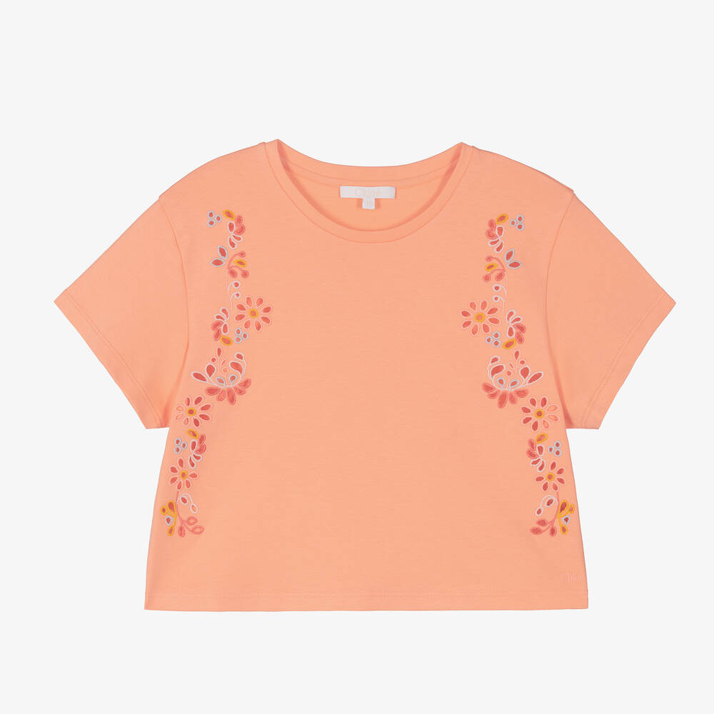 Chloé - Korallenoranges Teen Blumen-T-Shirt | Childrensalon
