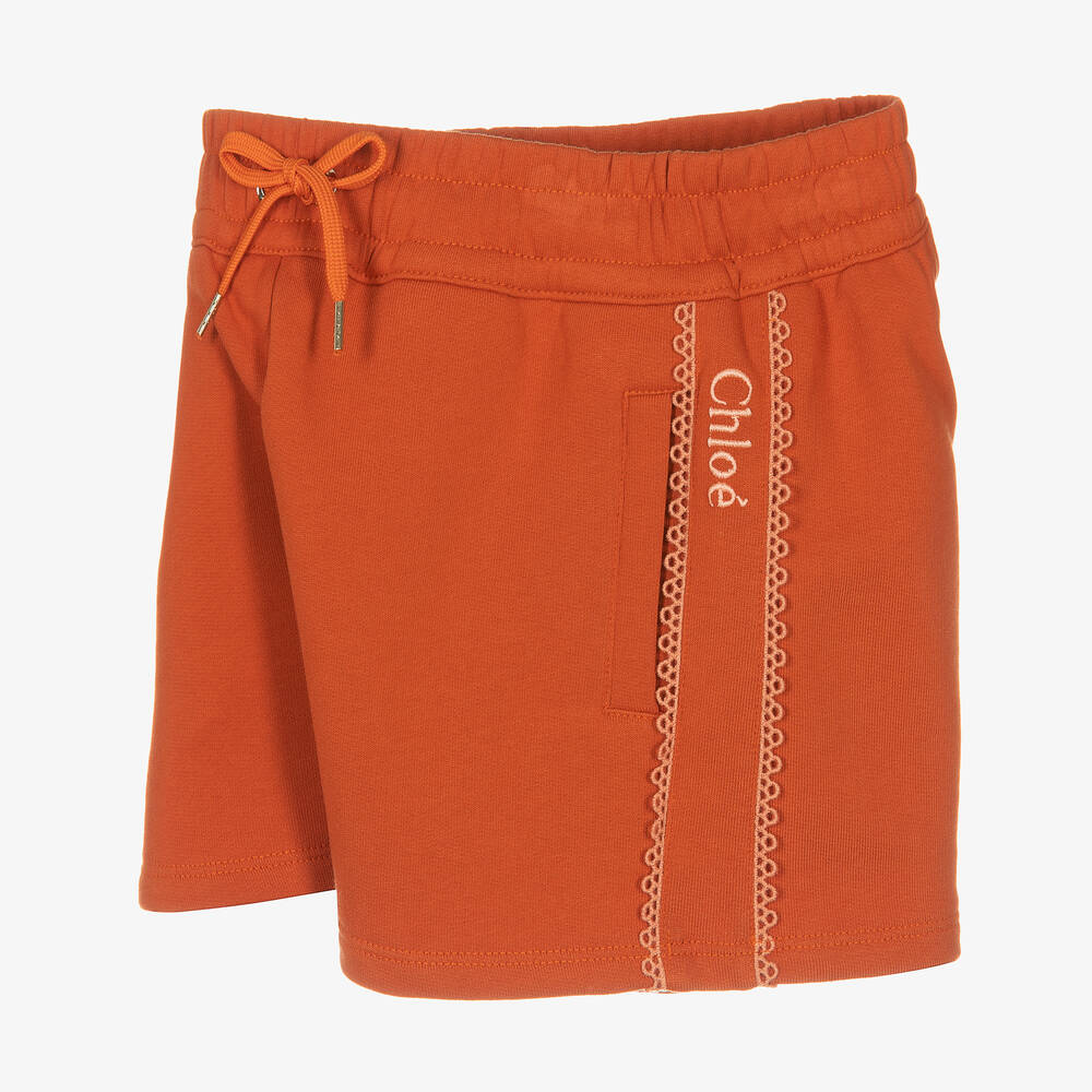 Chloé-شورت تينز بناتي قطن مزين بدانتيل لون برتقالي | Childrensalon Outlet