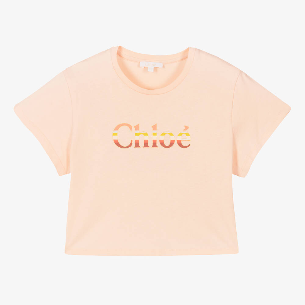 Chloé - Teen Girls Pink Crop Logo T-Shirt | Childrensalon