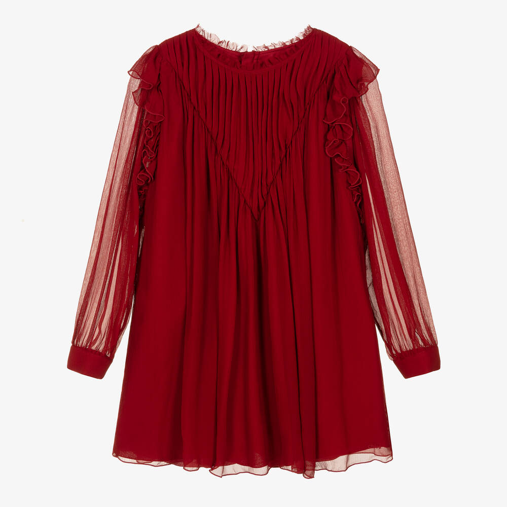 Chloé - فستان حرير مزين بكشكش لون أحمر برغندي | Childrensalon