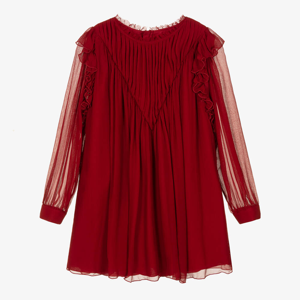 Chloé - Robe rouge en soie à volants ado | Childrensalon