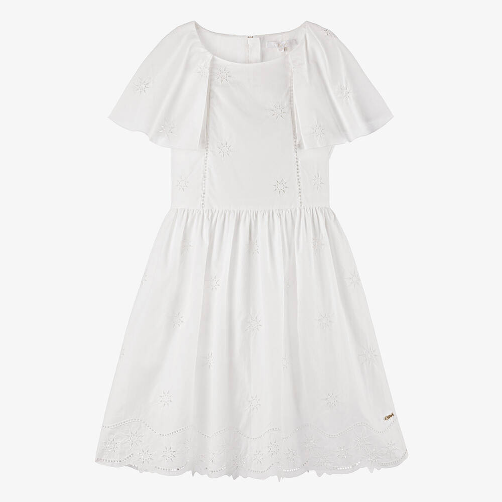 Chloé-Teen Girls White Cotton Cutwork Dress | Childrensalon Outlet