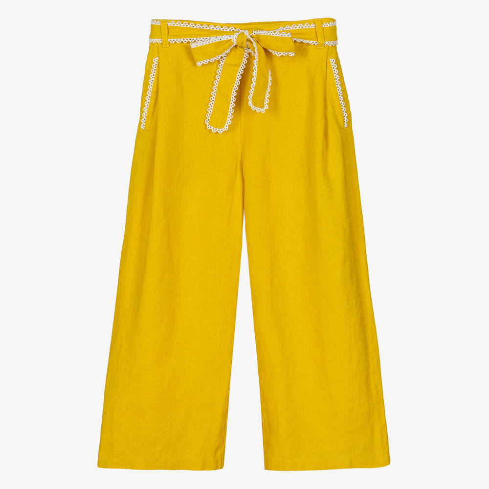 Chloé - Teen Girls Yellow Linen Wide Leg Trousers | Childrensalon