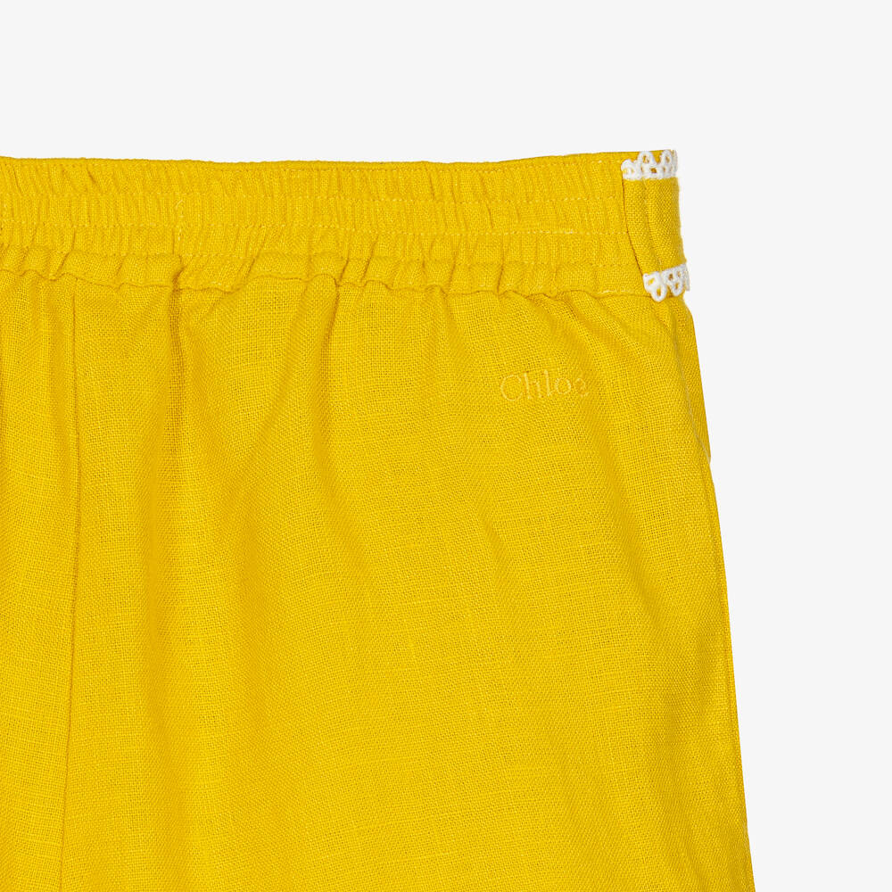Chloé-بنطلون بأرجل واسعة تينز بناتي كتان لون أصفر موتارد | Childrensalon Outlet