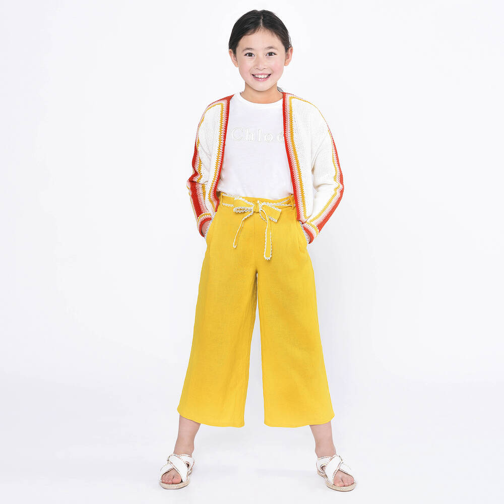 Chloé-بنطلون بأرجل واسعة تينز بناتي كتان لون أصفر موتارد | Childrensalon Outlet