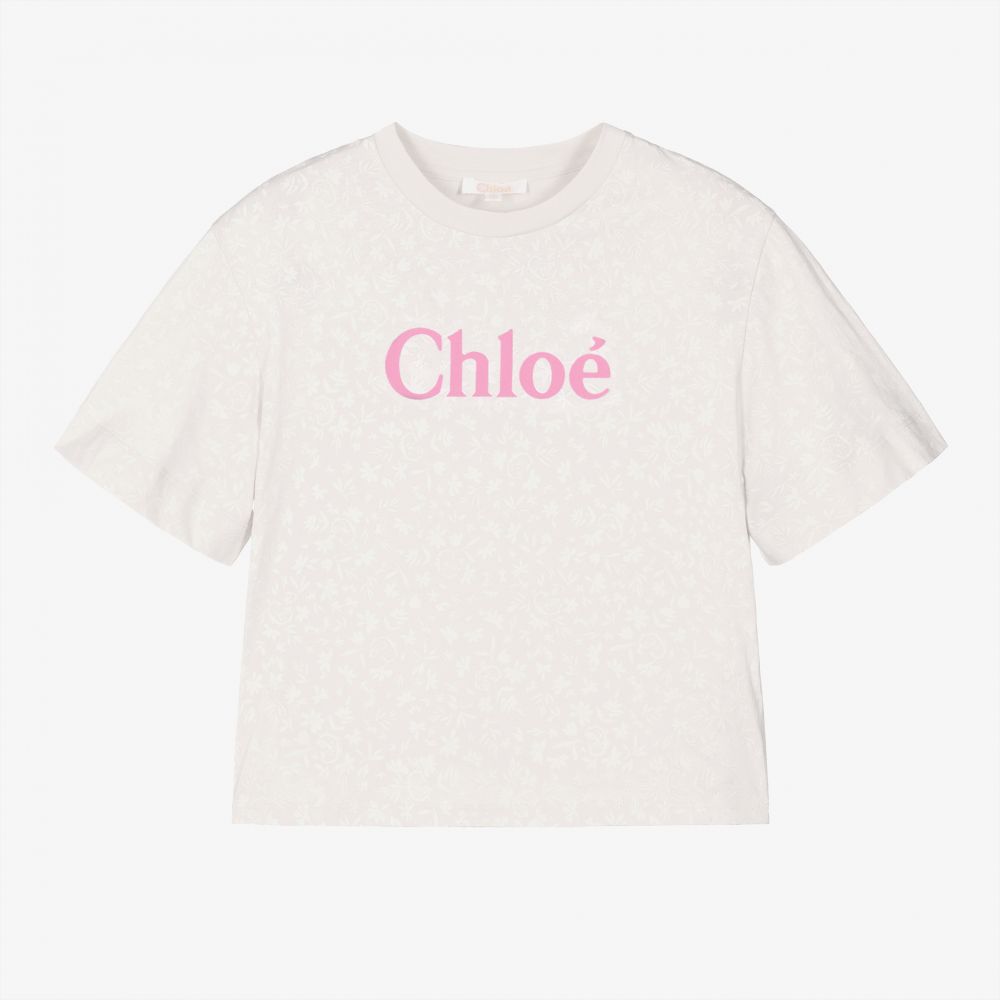 Chloé - Weißes T-Shirt mit Blumen-Logo | Childrensalon