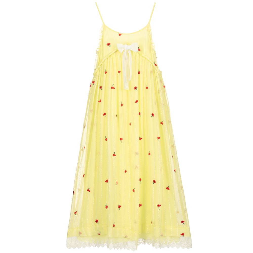 Chloé - فستان ماكسي كريب شيفون مطرز لون أصفر وأبيض | Childrensalon