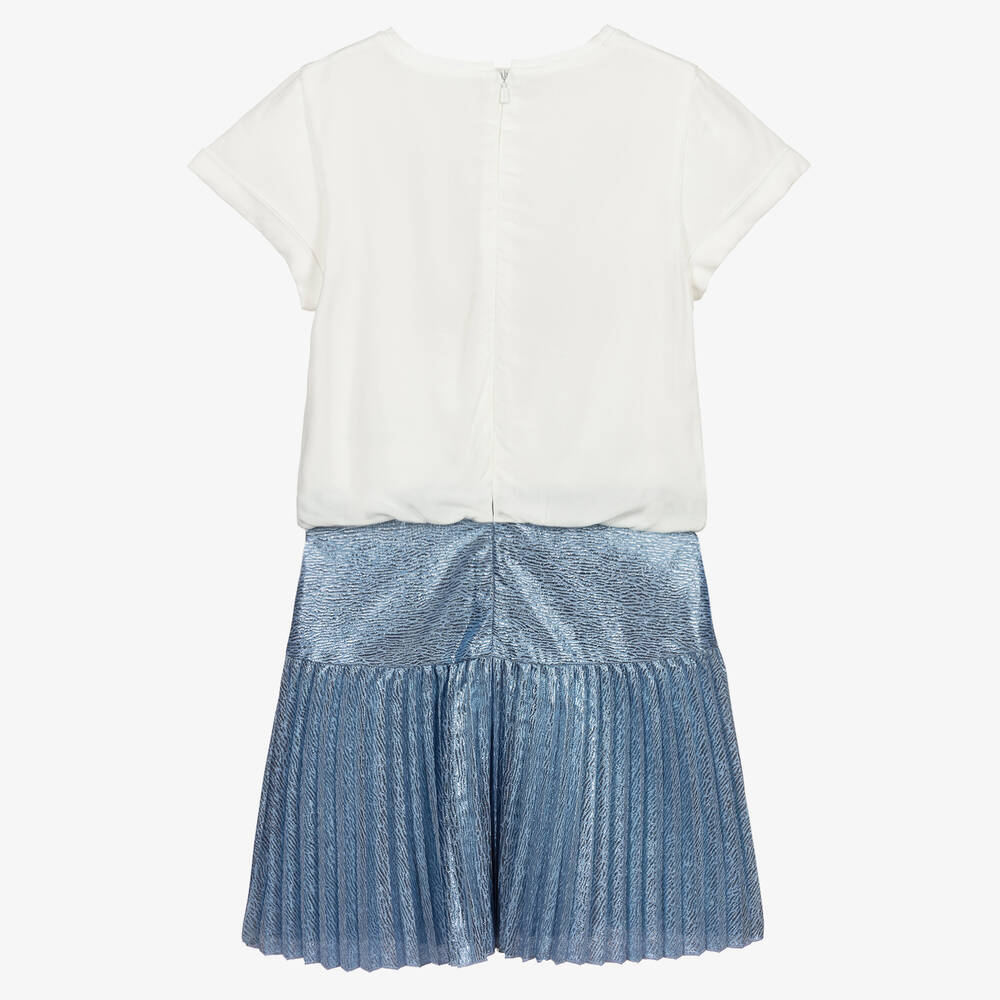 Chloé-فستان كريب و لاميه لون أبيض و أزرق | Childrensalon Outlet