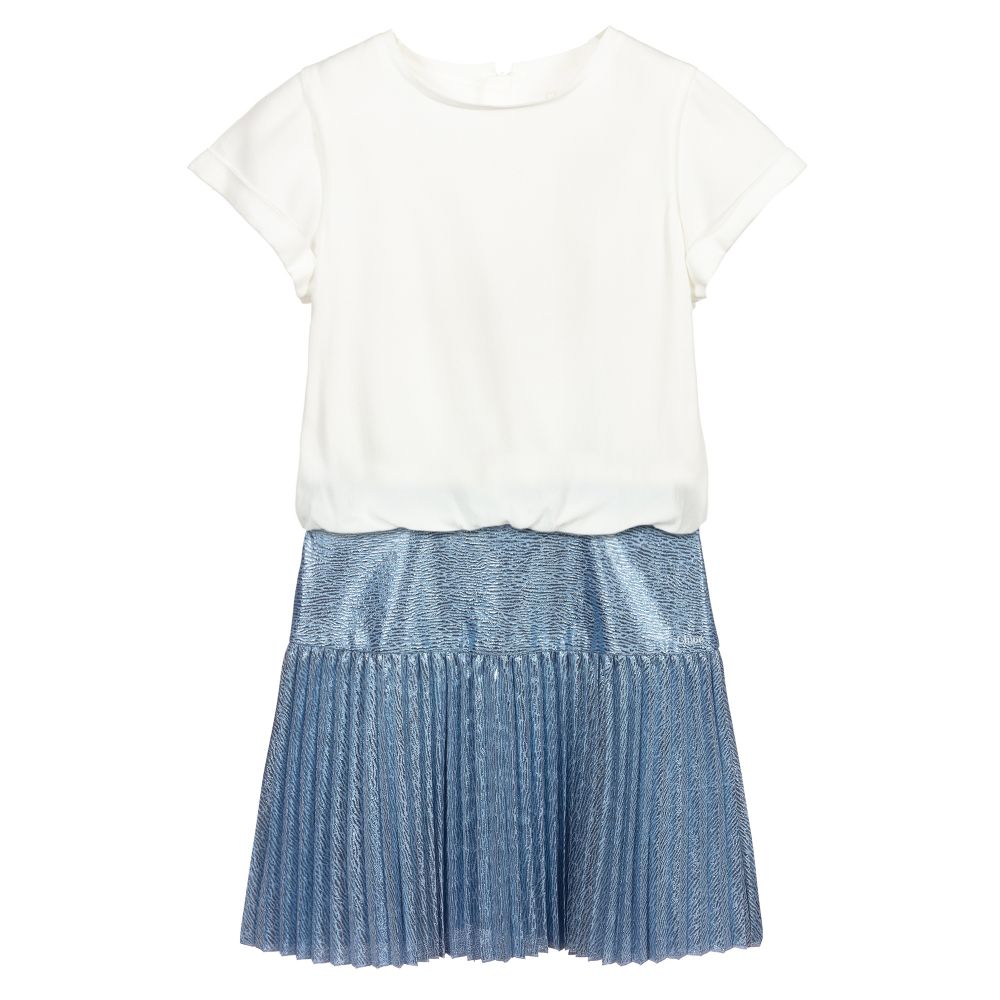 Chloé - فستان كريب و لاميه لون أبيض و أزرق  | Childrensalon