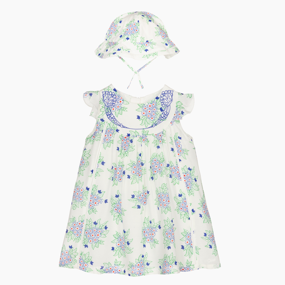 Chloé - White Floral Dress & Hat Set | Childrensalon