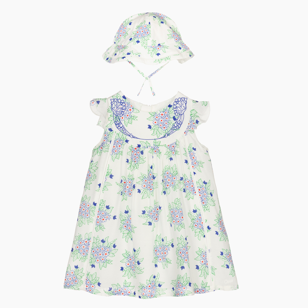 Chloé - Weißes Blumenkleid & Hut Set | Childrensalon