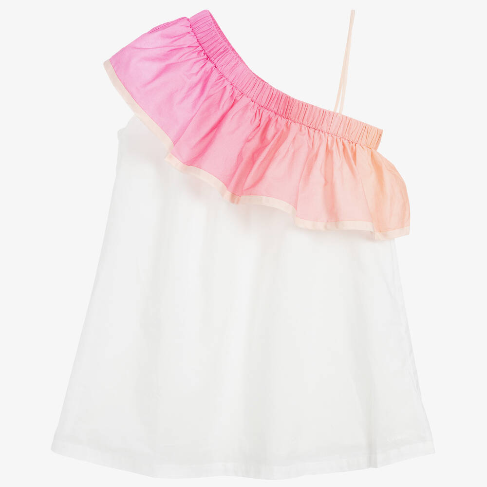 Chloé-فستان قطن لون  أبيض وزهري | Childrensalon Outlet