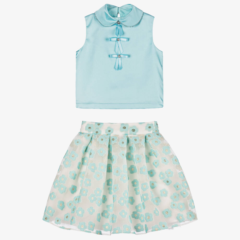 Coeur by Childrensalon-Girls Aqua Floral Skirt Ensemble | Childrensalon Outlet