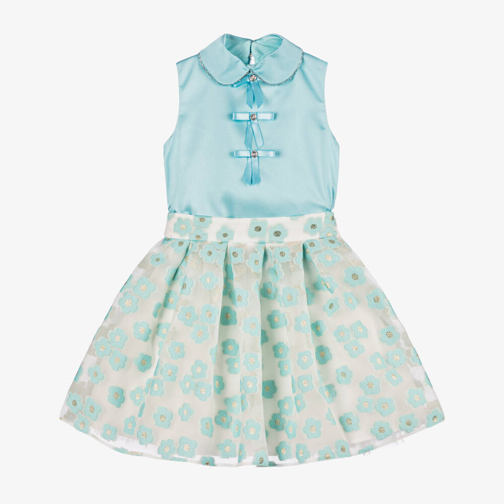Coeur by Childrensalon-Girls Aqua Floral Skirt Ensemble | Childrensalon Outlet