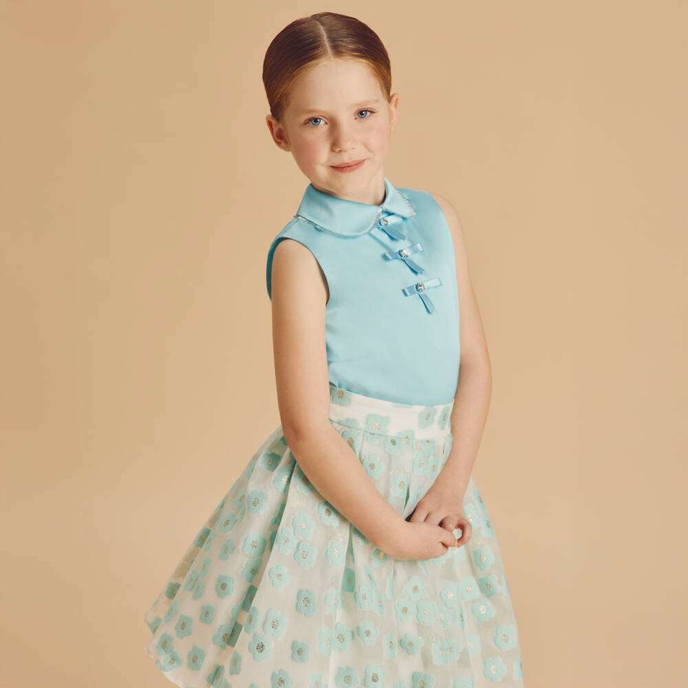 Coeur by Childrensalon-Girls Aqua Floral Skirt Ensemble | Childrensalon Outlet