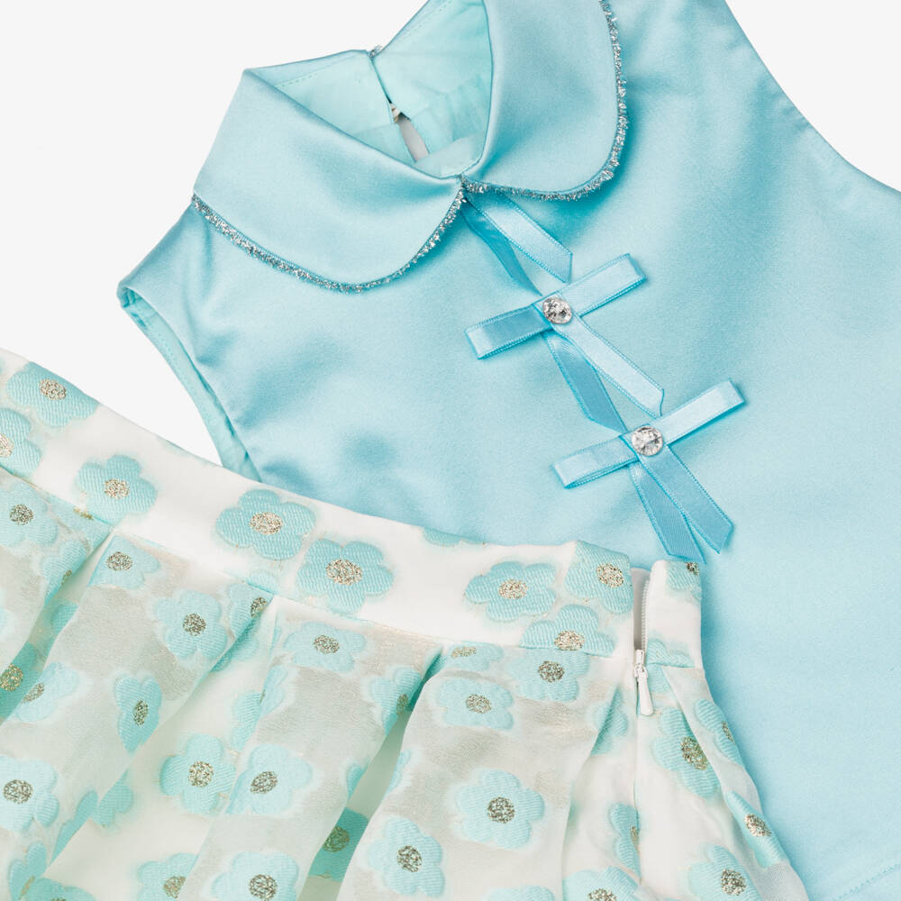 Coeur by Childrensalon-Girls Aqua Floral Skirt Ensemble | Childrensalon Outlet