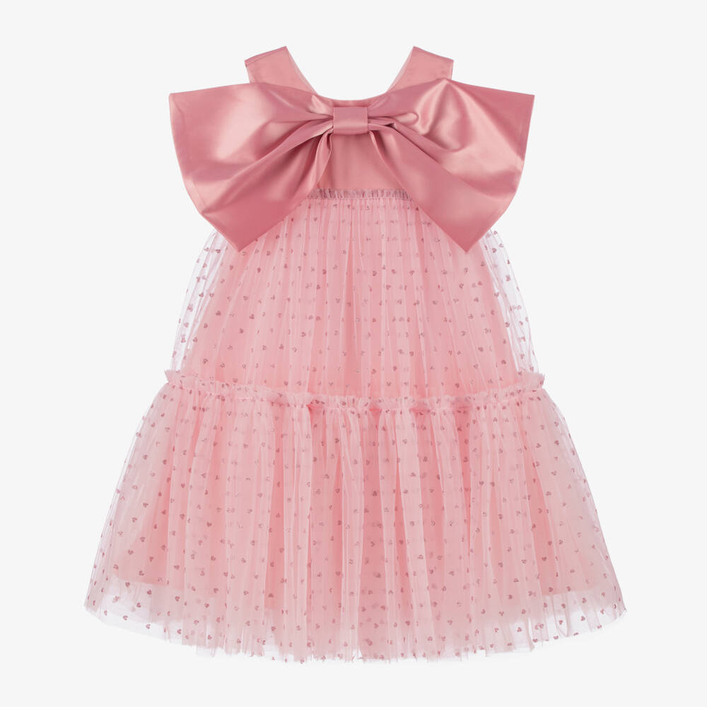 Coeur by Childrensalon-Girls Pink Satin Bow Tulle Dress | Childrensalon Outlet