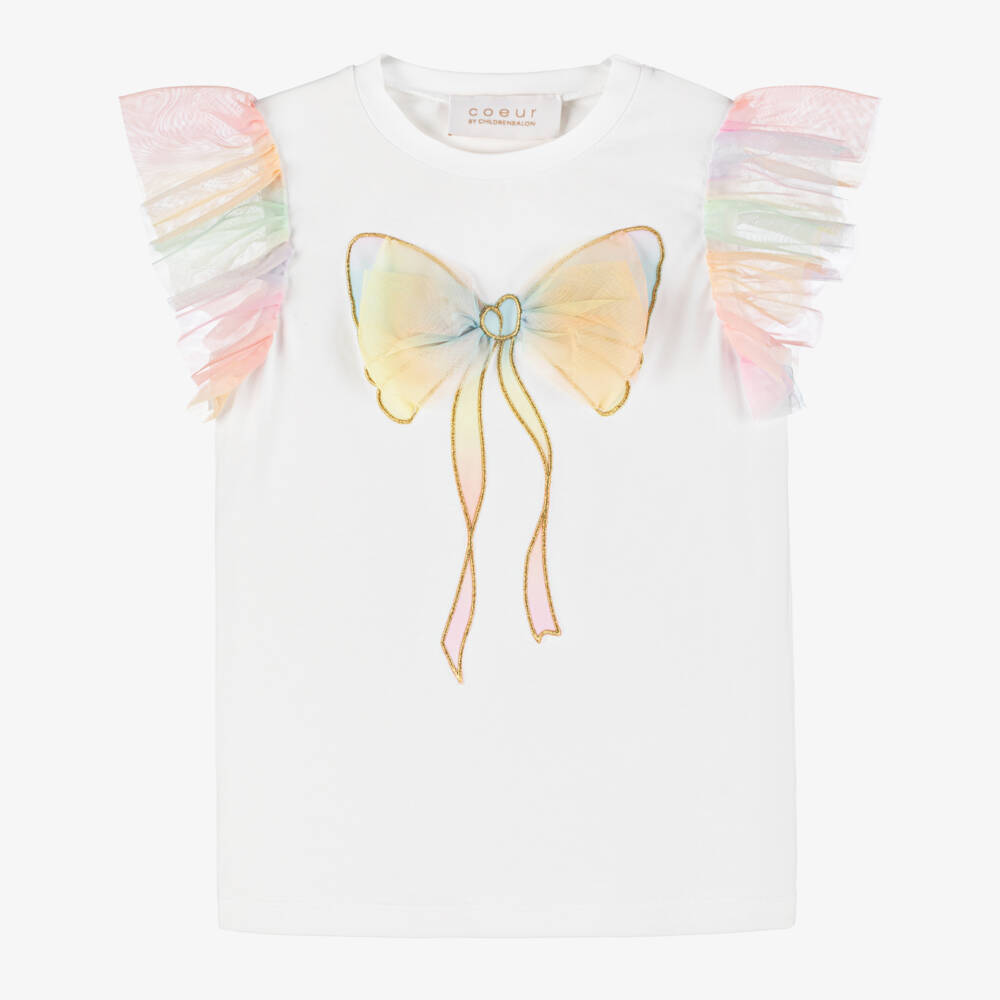 Coeur by Childrensalon-تيشيرت أبيض للبنات من التول مع فيونكة | Childrensalon Outlet