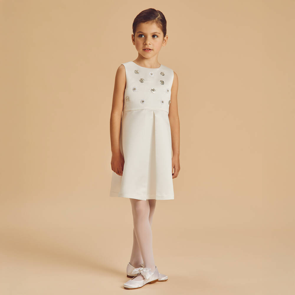 Coeur by Childrensalon-Girls White Satin Floral Dress | Childrensalon Outlet