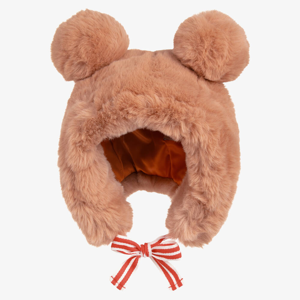 Mini Rodini-Coral Pink Faux Fur Hat with Bear Ears | Childrensalon Outlet