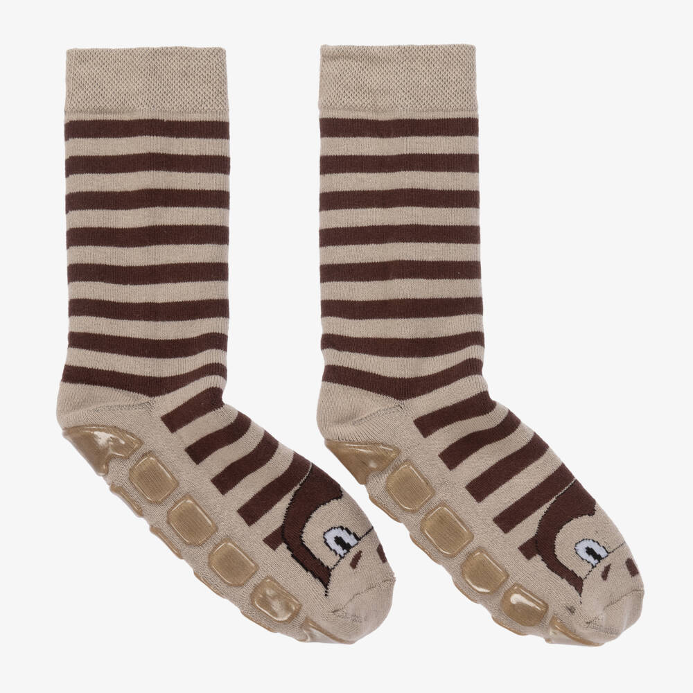 Country Kids-Brown Striped Monkey Slipper Socks | Childrensalon Outlet