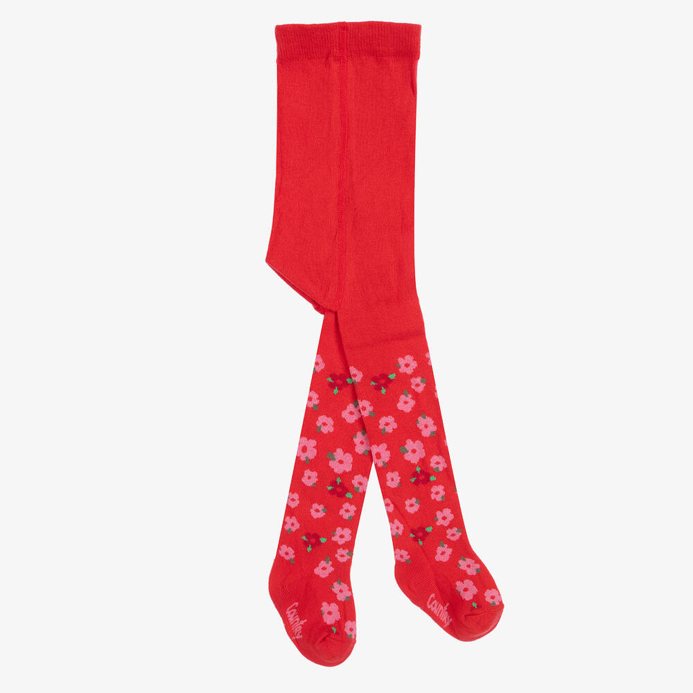 Country Kids - Girls Red Floral Cotton Tights | Childrensalon