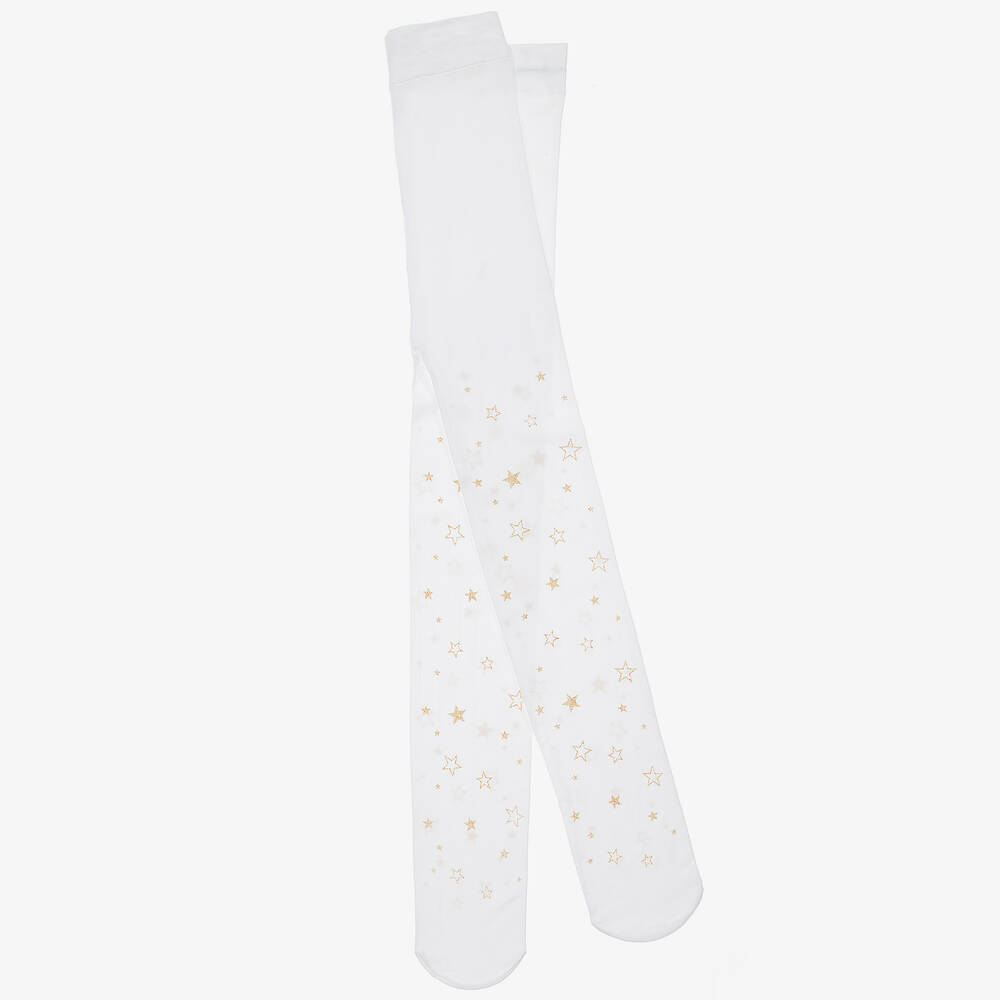 Country Kids - Girls White & Gold Star Tights | Childrensalon Outlet