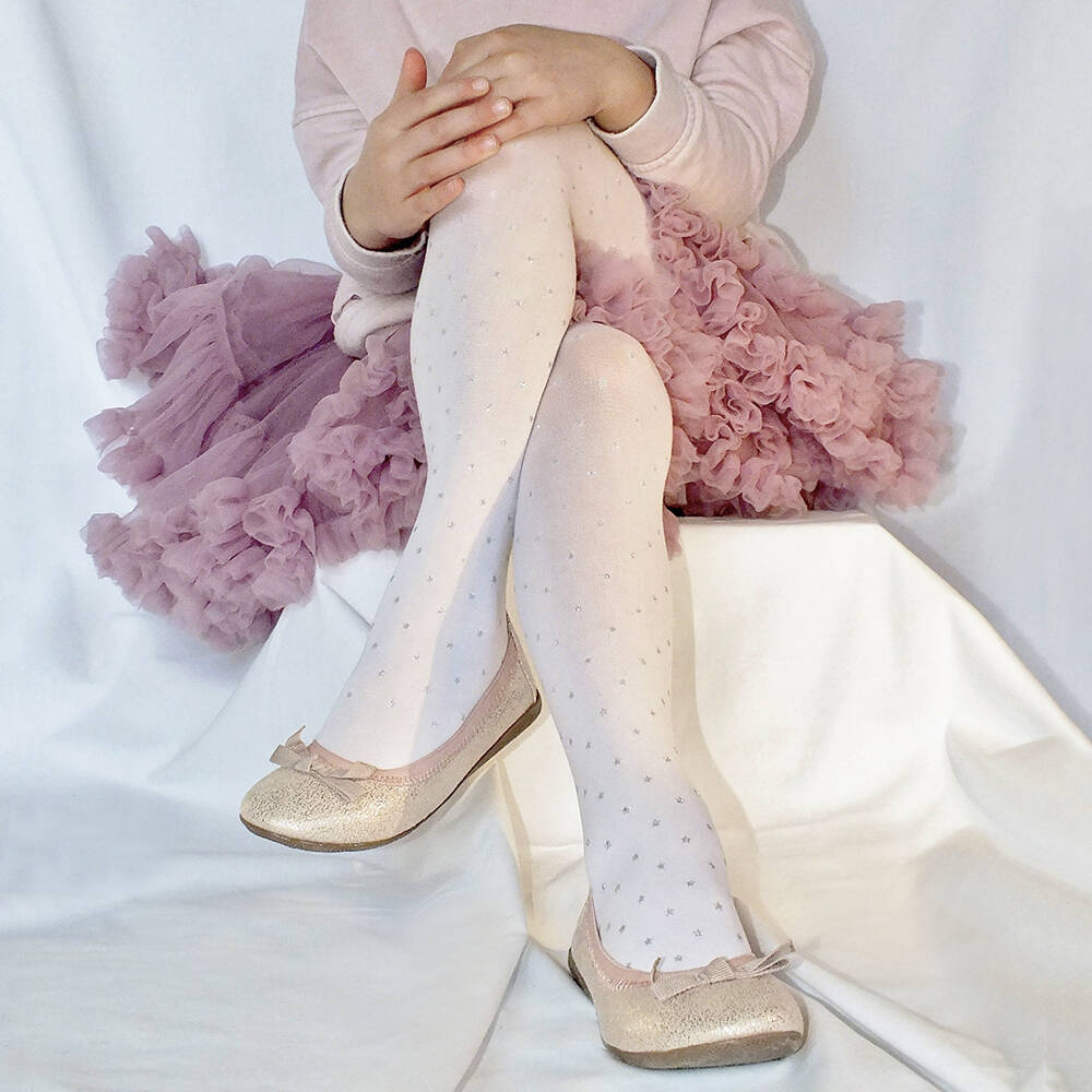 Country Kids-Girls White & Silver Glitter Star Tights | Childrensalon Outlet