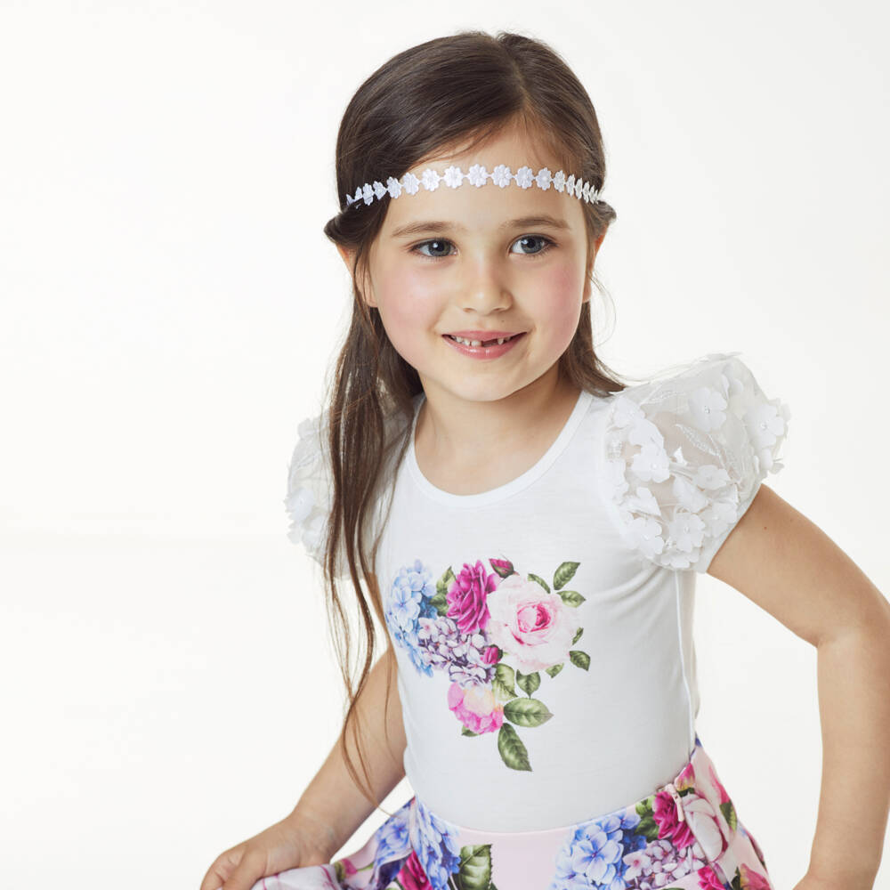 Cute Cute-طوق شعر ساتان أبيض مزين بالورود للبنات | Childrensalon Outlet