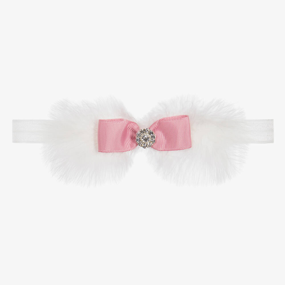 Cute Cute - Bandeau blanc à plumes et à nœud rose en ruban  | Childrensalon