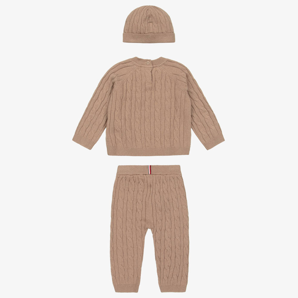 Tommy Hilfiger-Dark Beige Knitted Baby Trouser Set | Childrensalon Outlet