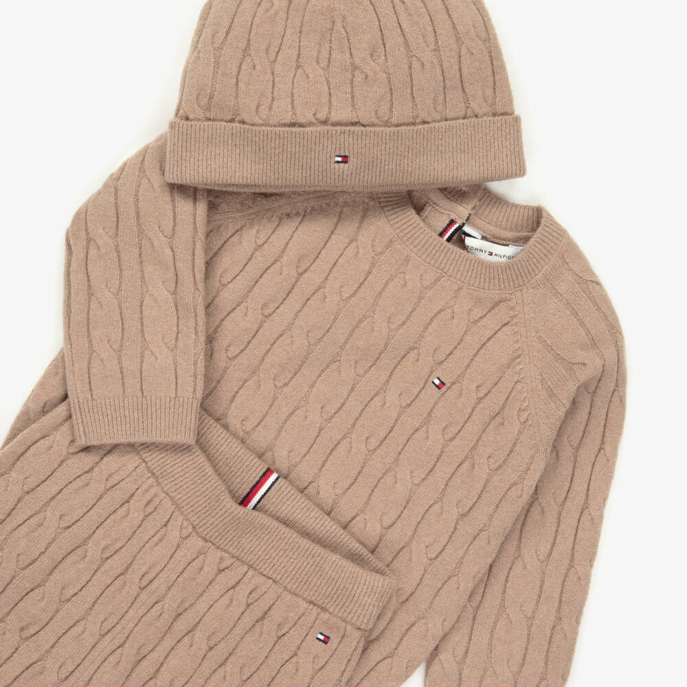 Tommy Hilfiger-Dark Beige Knitted Baby Trouser Set | Childrensalon Outlet