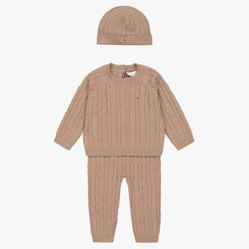 Tommy Hilfiger-Dark Beige Knitted Baby Trouser Set | Childrensalon Outlet
