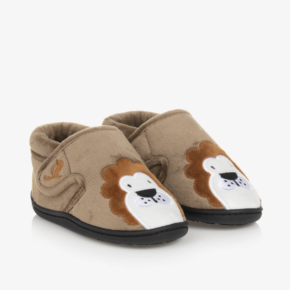 Chipmunks-Dark Beige Velcro Lion Slippers | Childrensalon Outlet